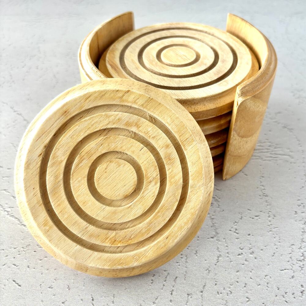 Vintage Light Oak Wood Round Coasters - Set of 6 Coasters